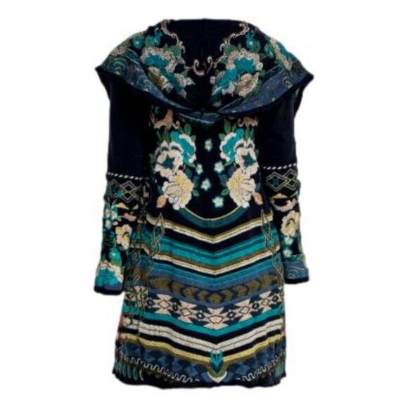Biya Johnny Was Nimue Embroidered Hooded Boho Duster Cardigan Coat Jacket Size S - Picture 1 of 14